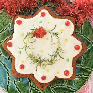 Vegan ginger and orange cake, with dried fruits and vegan mascarpone frosting.  at BOLOTA in Castro Verde