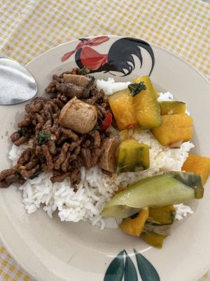 Mock meat and veg dishes with rice   at Sen J - เส้นเจ in Kanchanaburi