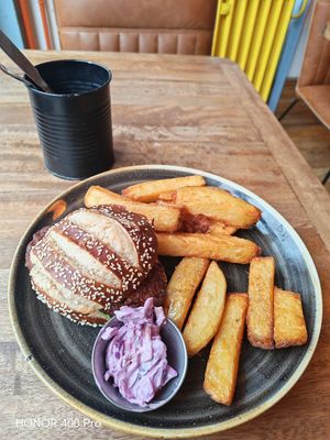 Bhaji burger, comes with slaw and very chunky chips at In The Meantime in Carlisle