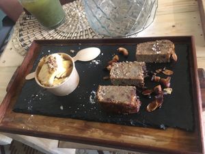 Dessert - banana cake with passion fruit ice cream (vegan)  at DidikoBag in Pointe-a-pitre