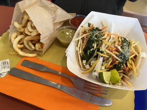 2 jackfruit tacos with Thai Pesto and a large order of twisted fries   at Our Food Is Art Restaurant and Bar in Crestone