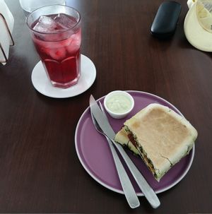 Tofu caprese panini with Jamaica soda (Forgive the camera quality, looks much better in person) at Coconela in Santa Cruz