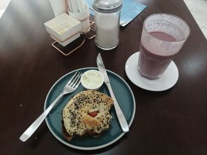 Seitan bagel with acai smoothie at Coconela in Santa Cruz