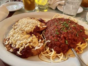 Vegan chicken parmigiana with spaghetti marinara  at Chase Restaurant and Lounge - temporarily closed in Santa Barbara