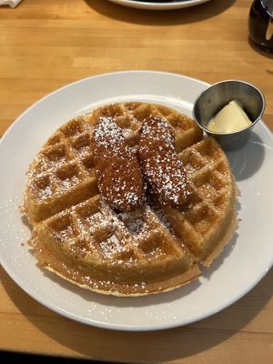 Waffles with vegan butter and “not chicken strips"  at The Hardware Cafe in Clancy