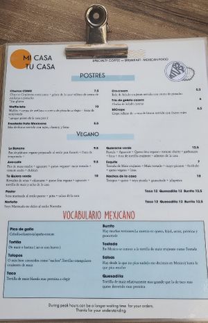 The menu at Mi Casa Tu Casa in Marbella