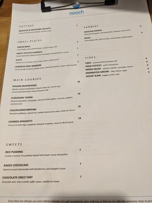 Menu, changes frequently at Nooch in Shrewsbury
