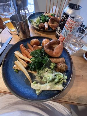 Sunday roast with carrots, parsnips and cheesy broccoli   at Nooch in Shrewsbury