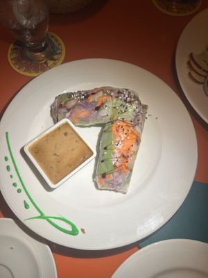 Veggie salad rolls with peanut sauce   at Pineapples - Ramon's Village Resort in San Pedro