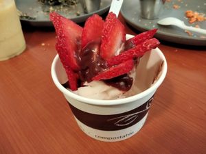 Almond soft serve with strawberry goodness! at The Coco Nut in Eugene