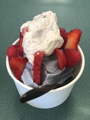 Blue vanilla w/ blue spirulina, coconut cream and fresh strawberries.  at The Coco Nut in Eugene