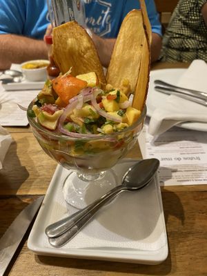 Ceviche de caju com chips de Batata Doce   at Camarões Restaurante in Natal