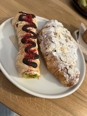 Almond croissant and pistachio cream filled pastry   at Krafin in Prague