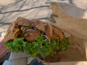 Croissant sandwich with carrot salmon at Krafin in Prague