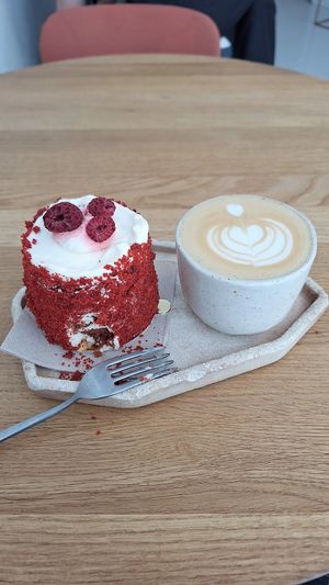 red velvet cake with cappuccino at Krafin in Prague