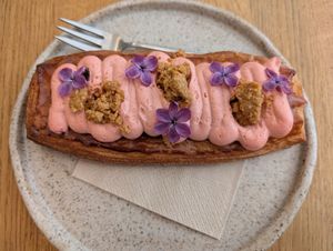 Weekend special:Danish with cashew-tofu cream, strawberries, rhubarb, almond praline and lilac.Crispy pastry as ever and the cream and fruit had a great balance of sweet and sharp. at Krafin in Prague