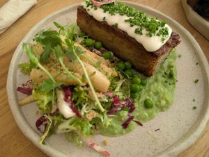 Weekend brunch: potato pave, asparagus, and pea and leek cream. Delicious potatoes and a nice balance with some sharpness from the salad at Krafin in Prague