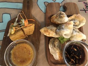 Stuffed tofu and mushroom dumplings   at Faith Hope Love Malaysian Cafe in Napier