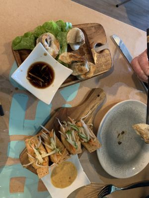 Starters, delicious mushroom dumplings and stuffed tofu🤪  at Faith Hope Love Malaysian Cafe in Napier