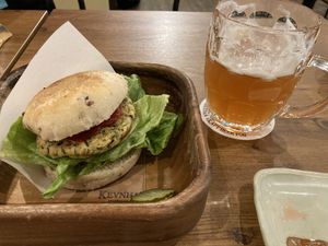 Vegan burger and beer  at Yamanoma Brewery Craft Beer Pub in Nagano