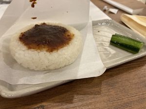 Yaki onigiri (grilled rice ball)   at Yamanoma Brewery Craft Beer Pub in Nagano