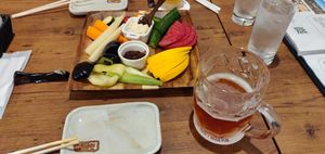 On the summer IPA with vegetables selection with miso dip at Yamanoma Brewery Craft Beer Pub in Nagano