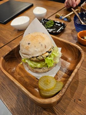 Tofu patty burger at Yamanoma Brewery Craft Beer Pub in Nagano