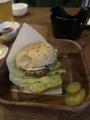 Vegan tofu burger  at Yamanoma Brewery Craft Beer Pub in Nagano