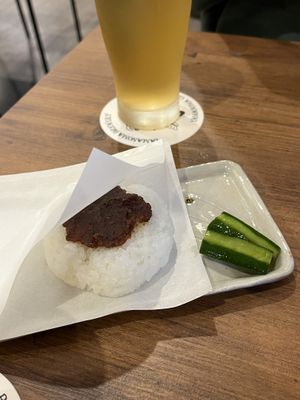 Rice ball with miso  at Yamanoma Brewery Craft Beer Pub in Nagano