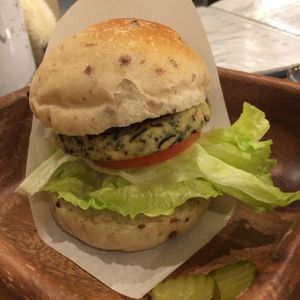 Vegan tofu burger at Yamanoma Brewery Craft Beer Pub in Nagano