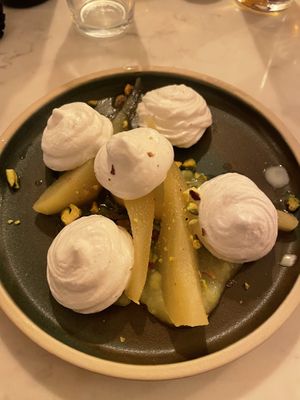 Pink peppercorn pear with meringue   at Five Little Pigs in Wallingford