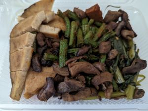 my takeaway meal (I thought the slab was eggplant, but it was mock meat) at Youta Vegan Foods in Bangkok