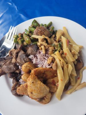 Tofu, mushroom, bamboo and greens with rice at Youta Vegan Foods in Bangkok