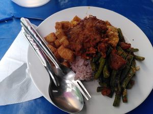 Rice with some dishes. 80 baht at Youta Vegan Foods in Bangkok