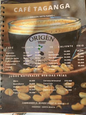 Menu  at Café Taganga in Santa Marta