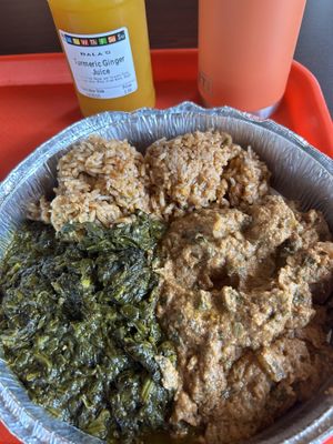 Jollof rice, Saka Saka and Maafe with Turmeric ginger juice  at Bala's Bistro in Memphis