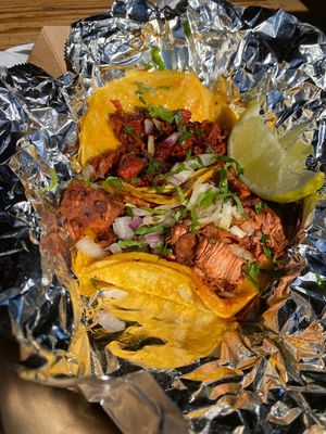 Birrera and pastor  vegan tacos  at La Taqueria Brand in Garden Grove