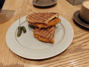 Shredded carrot and cheese panini, surprisingly light and two wee pickles at Verve Coffee Roasters in Tokyo