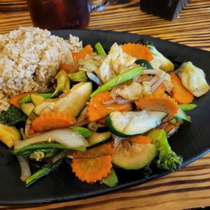 No oil stir fried veggies with brown rice. at Lemongrass by Sip Saam Thai in Cedar Park