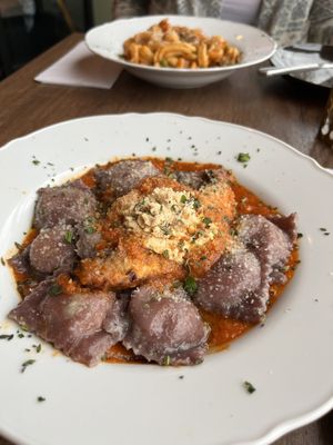 Stuffed vegan ravioli!! The pasta colour is from red wine. Can’t wait to eat this again!   at Bellona in Toronto