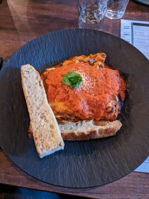 Lasagna and foccaccia at Bellona in Toronto
