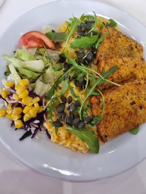 Tempeh with salad and pumpkin risotto at Neo Eón in Zvolen