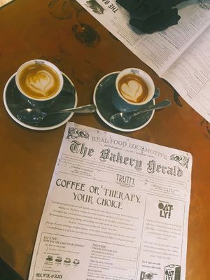 Oat cortado and almond cortado. Black honey coffee beans are amazing!  at Truth Coffee Roasting in Cape Town