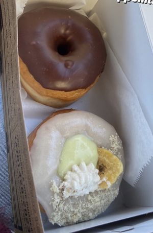 Chocolate glazed and banana creme pie  at Revolution Doughnuts in Decatur