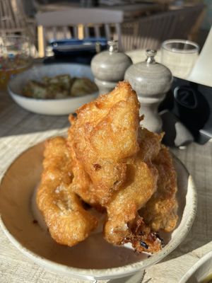 Cider battered oyster mushrooms in a garlic aoli  at The Landing in Chathill