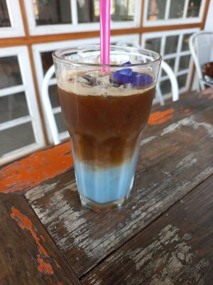 Butterfly pea almond milk latte at Ginger Farm in Chiang Mai
