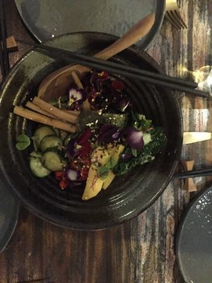 From 2017 summer menu:
MACRO TSUKEMONO DONBURI
Assorted Home-Pickles. Cashew Unagi. Hijiki & Black Beans. Sautéed Greens. Coconut Aminos Teriyaki. Sansho-Aonori. Short Grain Brown Rice (V.GF.BF) at Nectar in Hong Kong Island