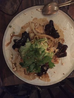 From 2017 summer menu:
KELP & MUNG BEAN NOODLE SALAD
Pickled Cloud Ear. Blanched Hedgehog Mushroom. Chinkiang Vinaigrette. Fresh Cilantro. Sprouted Almonds (R.V.GF.BF) at Nectar in Hong Kong Island