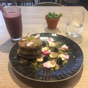 Lemon chia pancakes and berry smoothie  at Nectar in Hong Kong Island