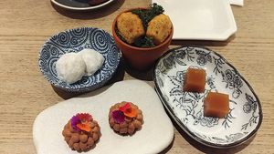 Desserts! There's mochi, madeleine, jam/jelly cube and chocolate tart. Looks pretty, but fell a bit short on taste. at Nectar in Hong Kong Island